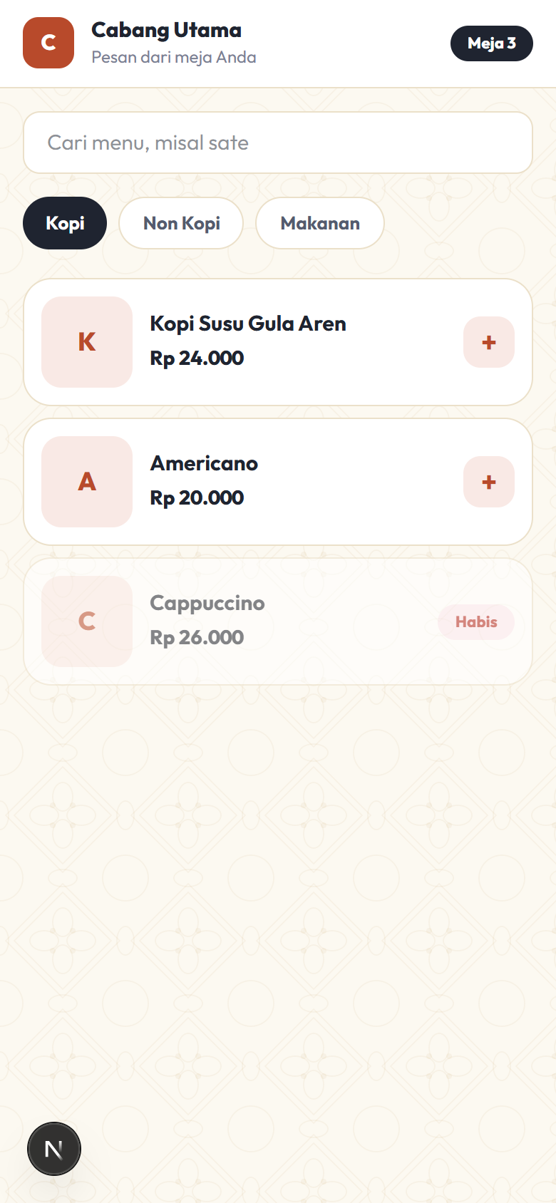 Menu QR di ponsel tamu